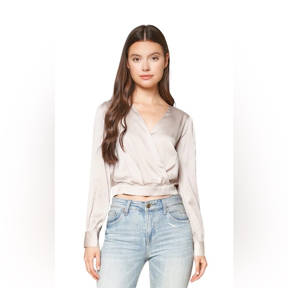 Sugarlips Tops - Long Sleeve Surplice Crop Top, Blouse, Size Small, Champagne, V-neck, Satin